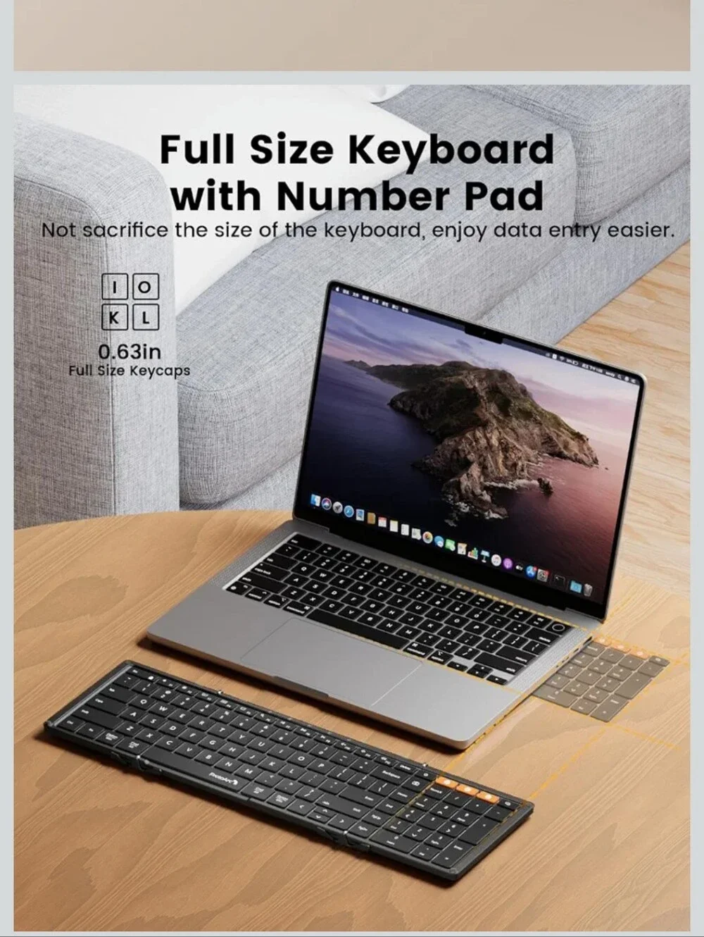 Backlit Tri-Fold Keyboard, Full-Size, Black, Number Pad